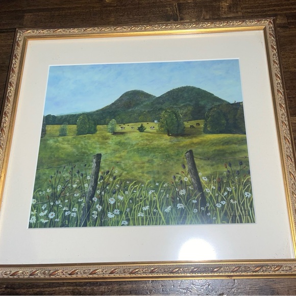 Lovely farm painting print signed/numbered in the corner. White mat gold frame - Picture 1 of 4